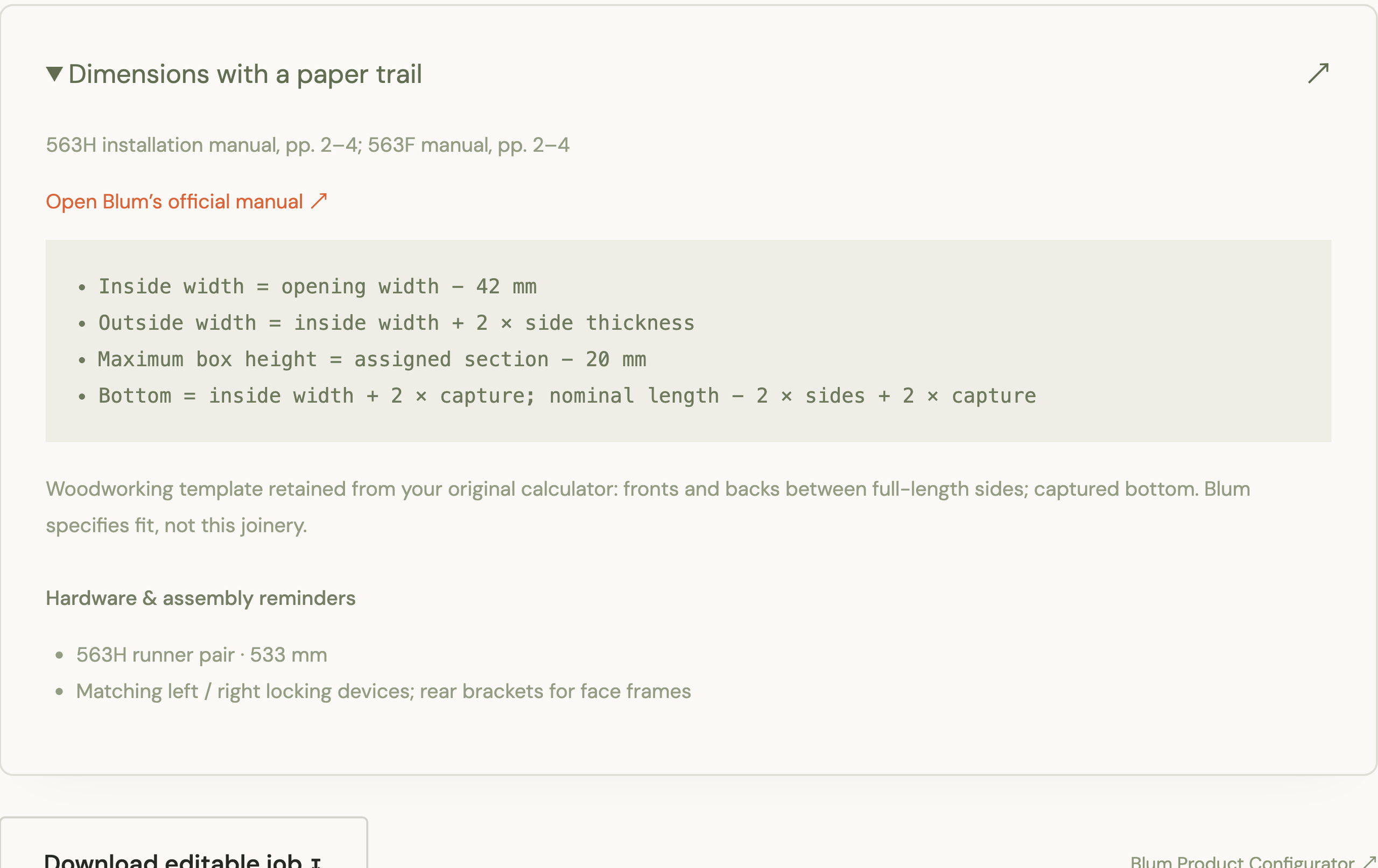 Manufacturer references, dimension formulas and joinery assumptions in the actual calculator