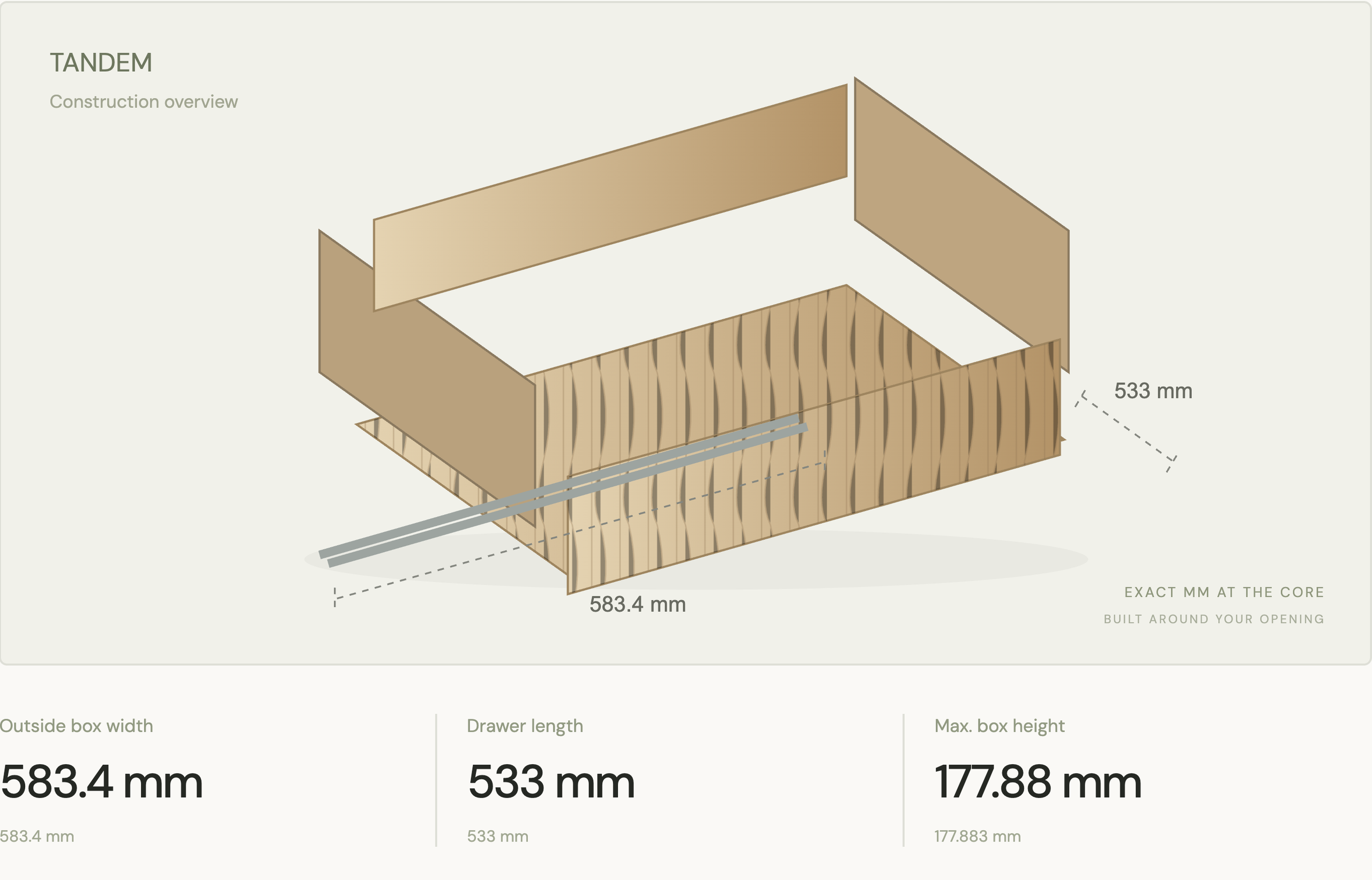 Actual exploded drawer overview with precise calculated box dimensions