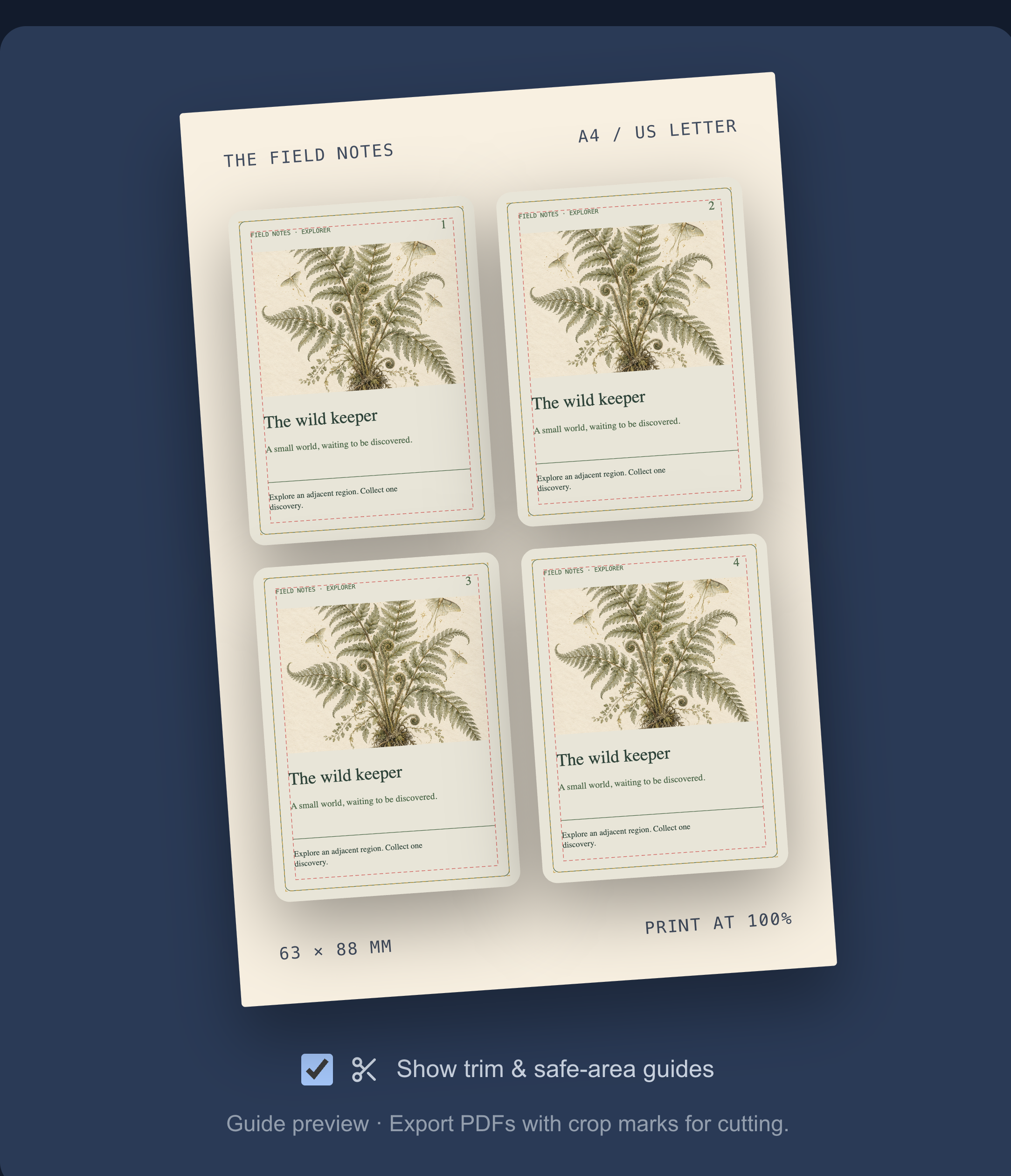 Actual public Card Create Co print-sheet example with trim and safe-area guides