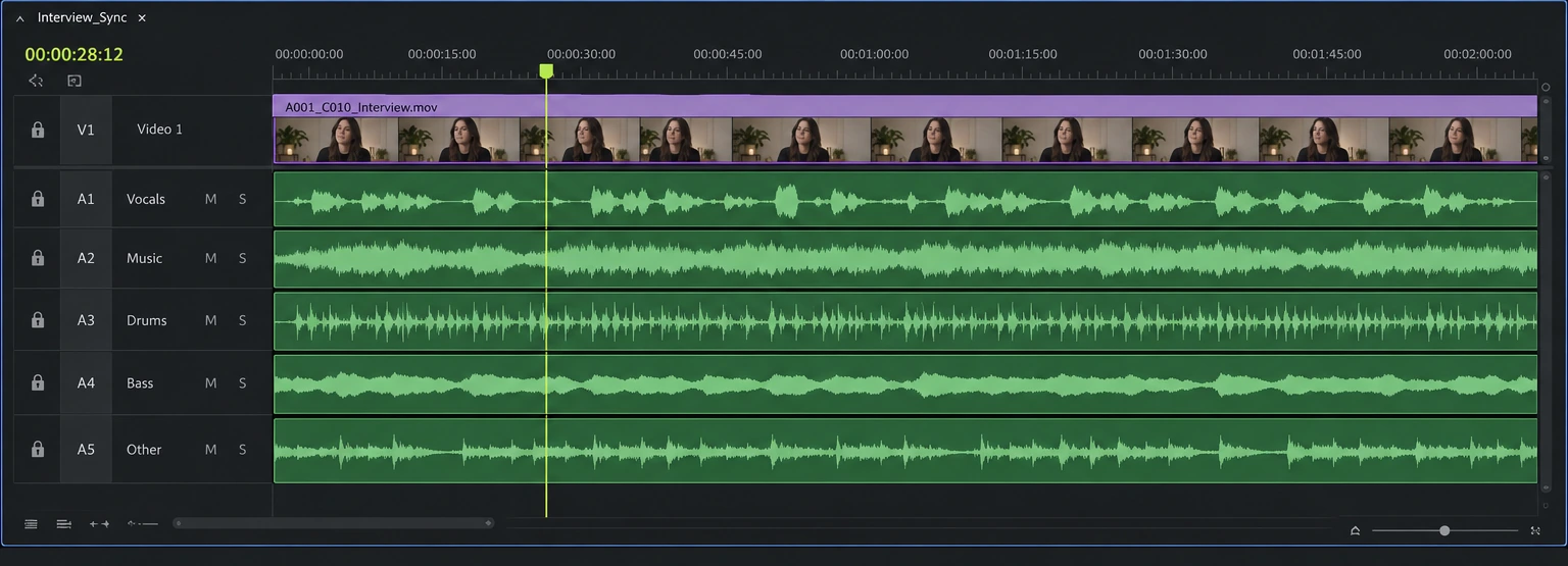Premiere-style timeline illustration with all editable stems aligned to the same source time