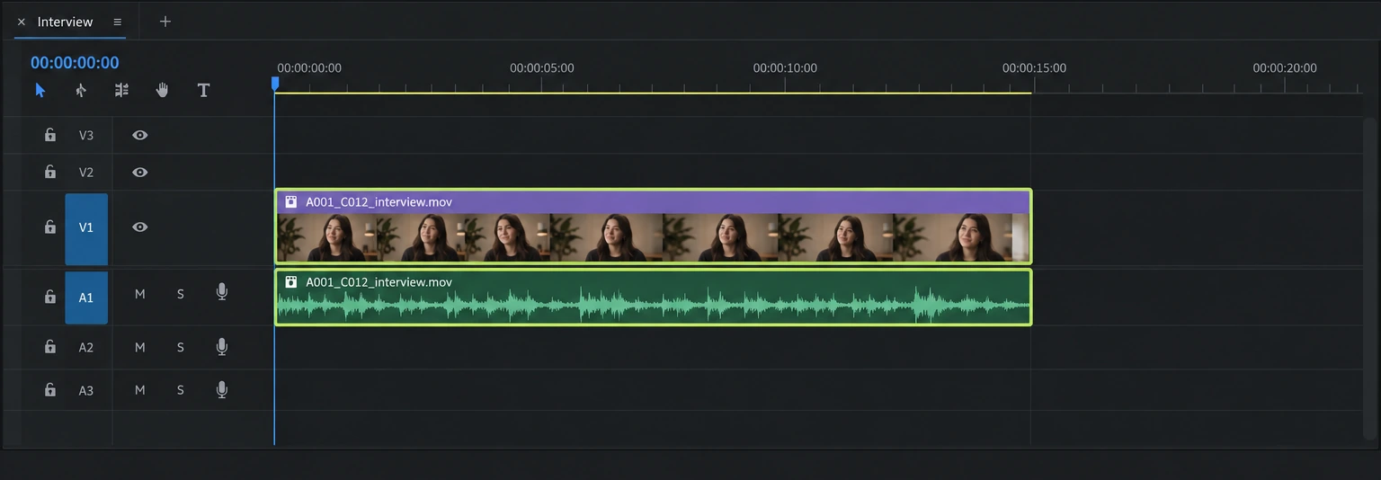 Premiere-style illustration of a selected linked video and audio clip