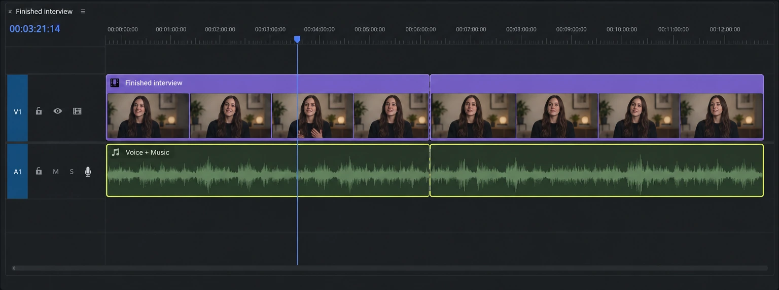 Premiere-style illustration of a finished video with one mixed voice and music track