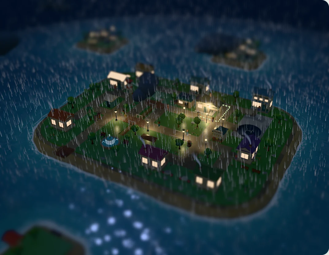 Actual miniature simulation island under night lighting and rain