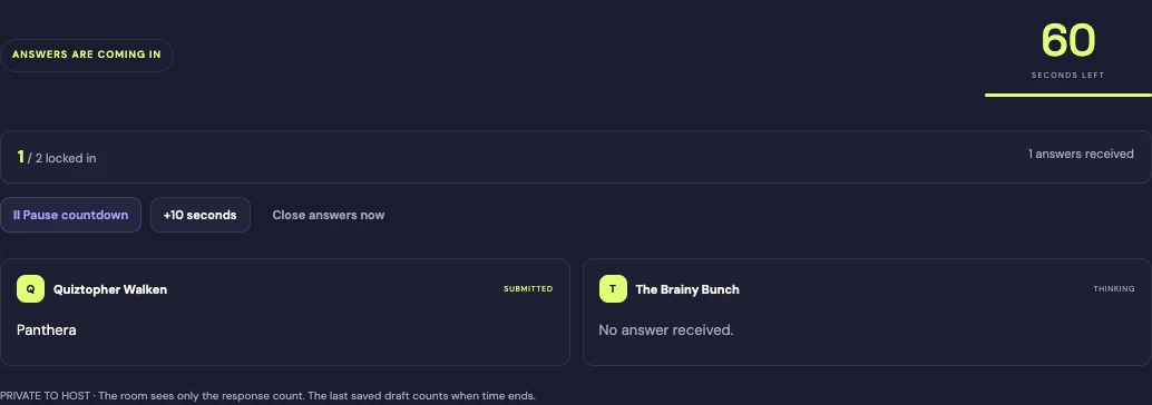Host countdown with one submitted answer and one team still thinking
