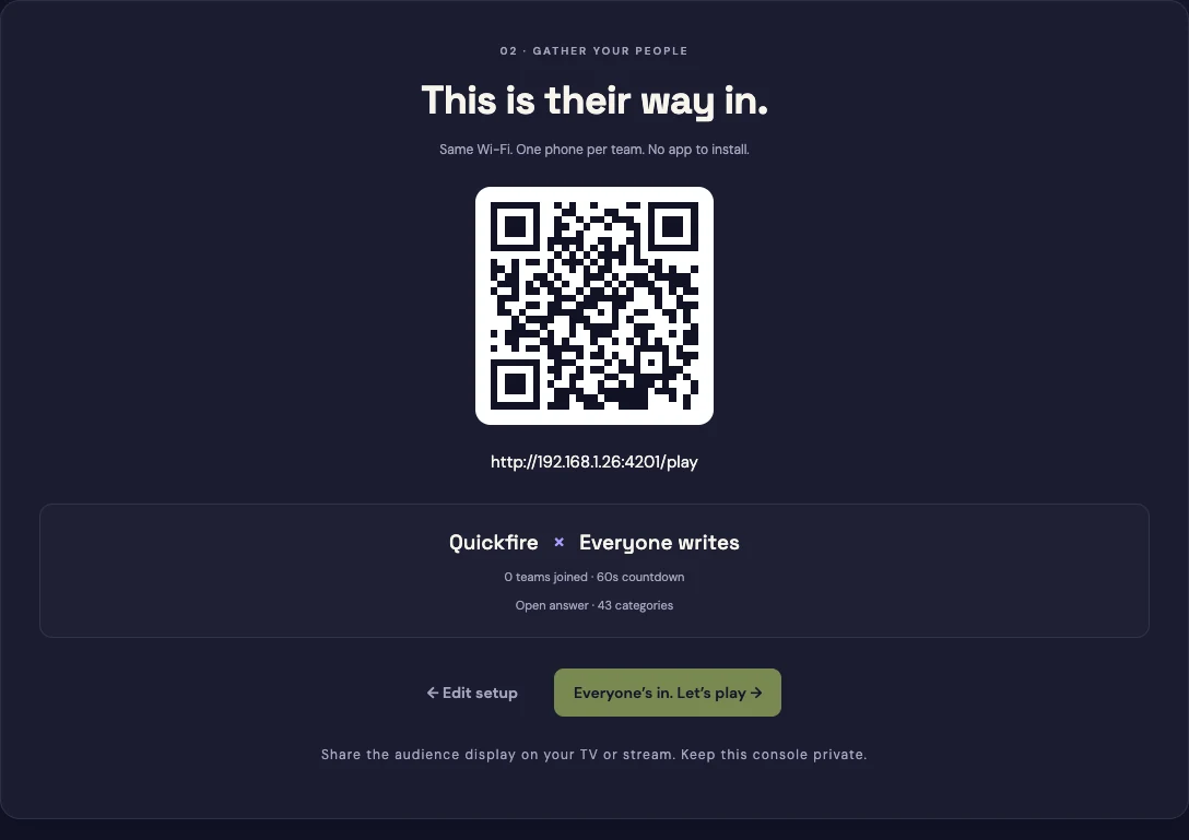 Actual host lobby: join QR code, shared Wi-Fi instructions and game settings