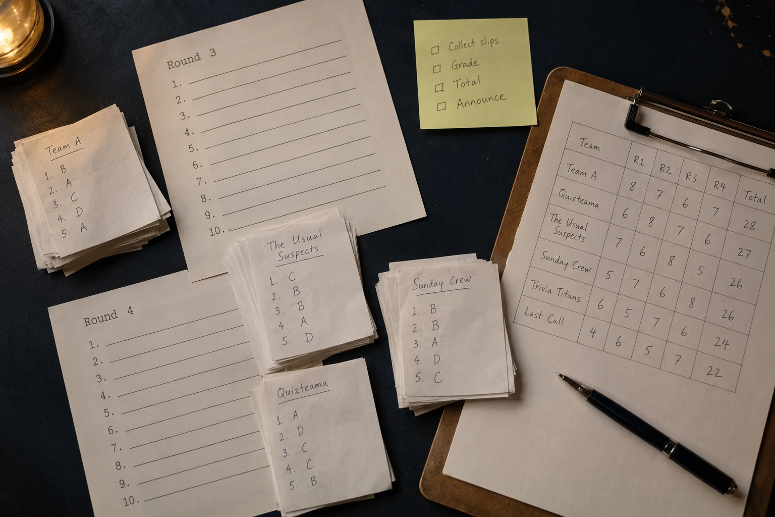 Answer slips, question sheets and a handwritten score grid spread across a trivia host’s table