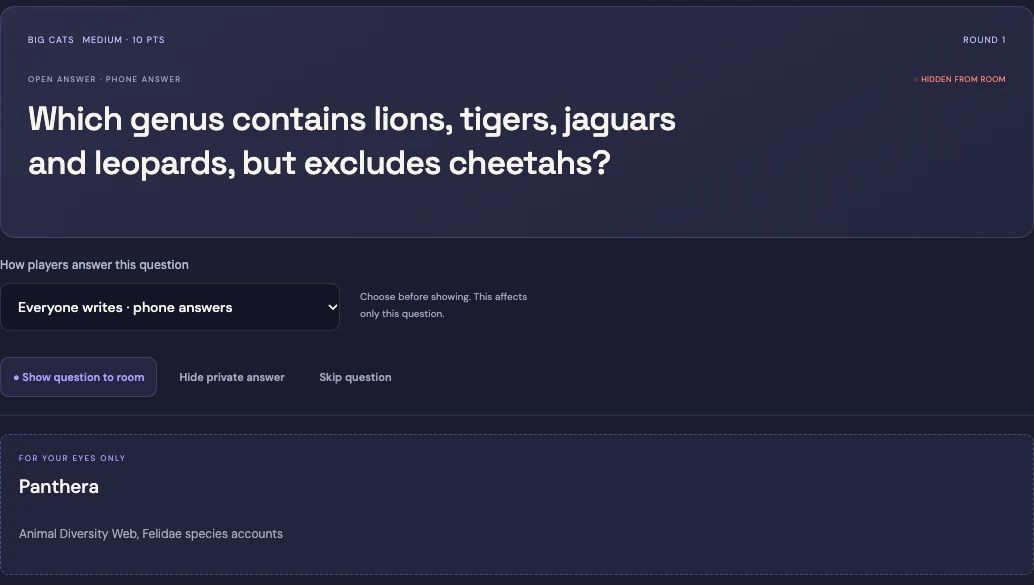 Private host preview of a question and its reference answer before revealing it to players
