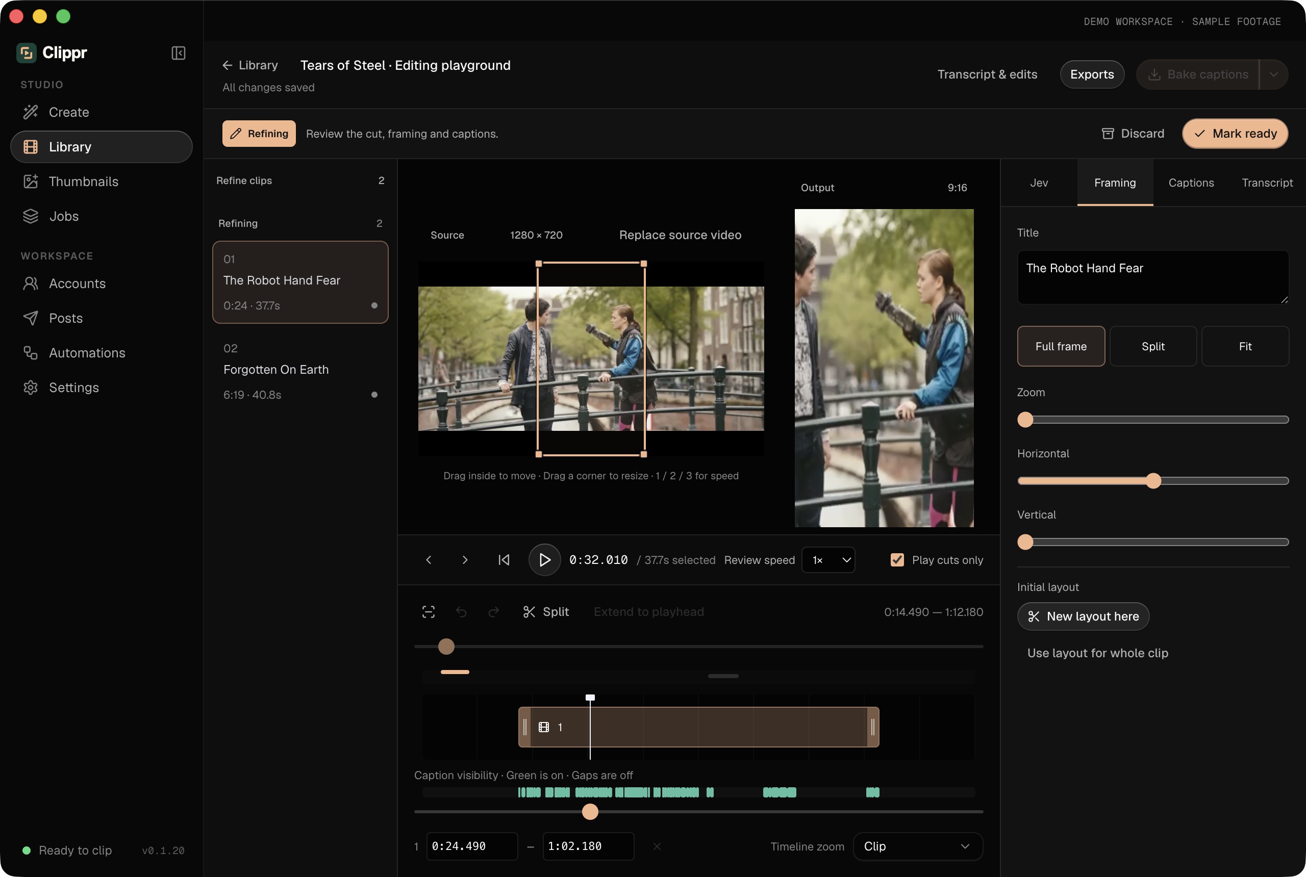 Clippr editor with landscape source, vertical preview, framing controls and timeline