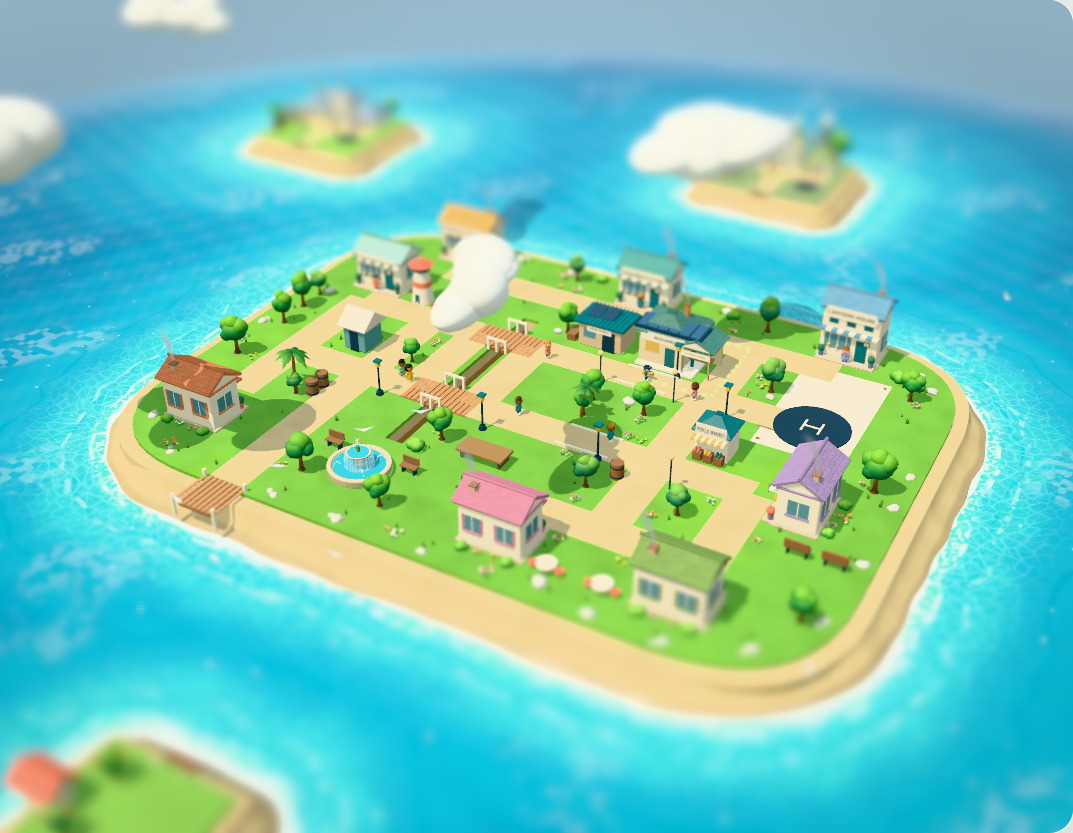 A miniature island with shops, couriers, roads, a harbor and turquoise water